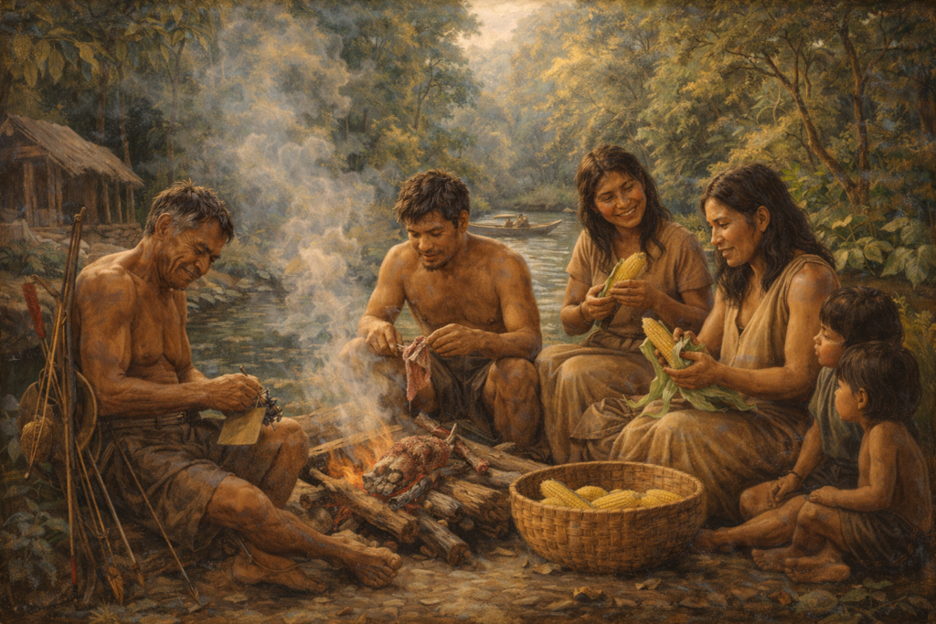 Oil painting depicting Tsimané daily life in Bolivia, illustrating health emerging from land, movement, and community.