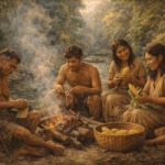 Oil painting depicting Tsimané daily life in Bolivia, illustrating health emerging from land, movement, and community.