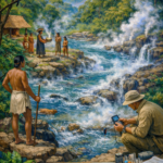 Vibrant oil painting of the Boiling River in Peru’s Amazon rainforest with steam rising from hot geothermal waters as a scientist measures temperature and Indigenous people observe the river