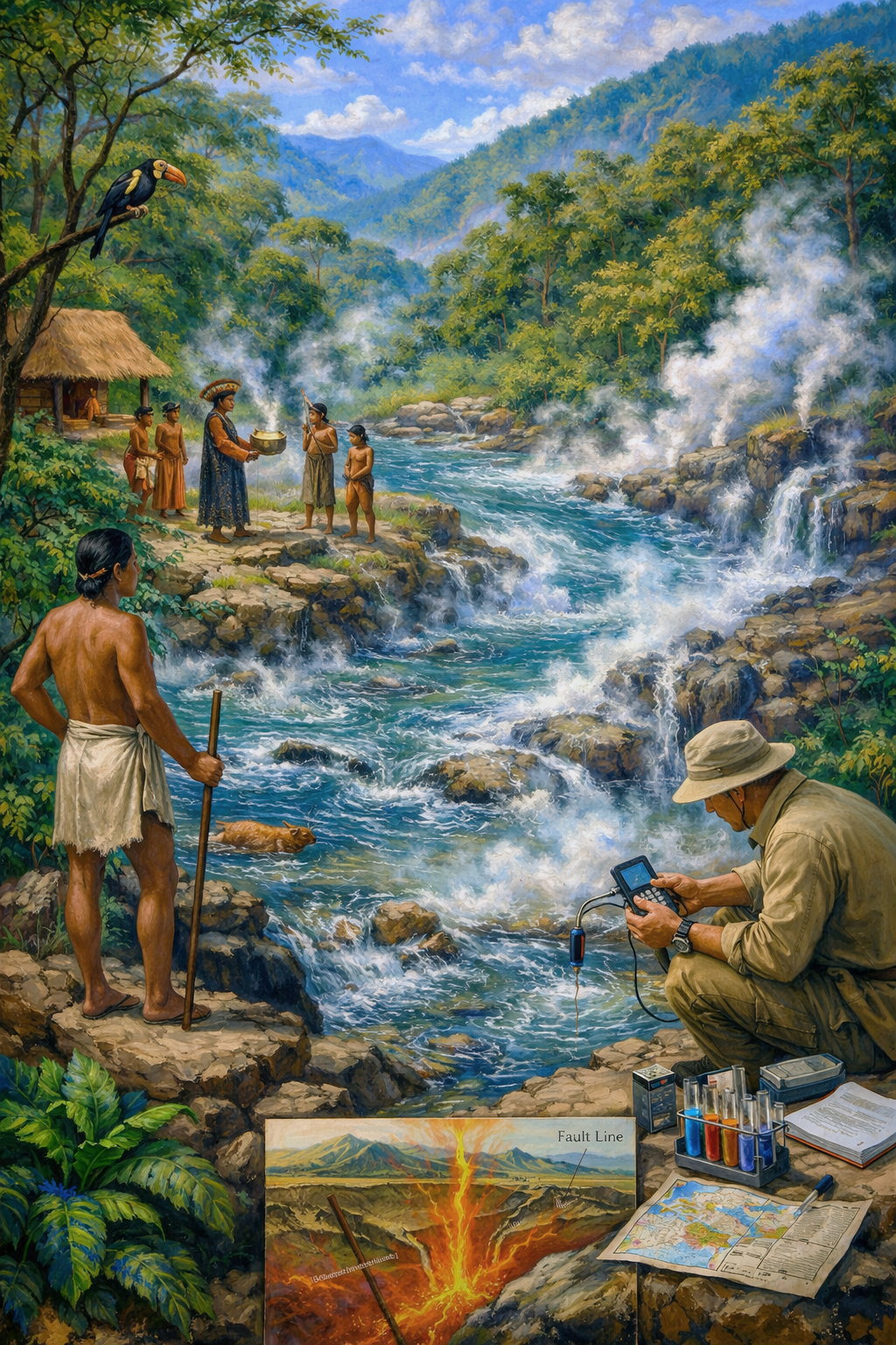 Vibrant oil painting of the Boiling River in Peru’s Amazon rainforest with steam rising from hot geothermal waters as a scientist measures temperature and Indigenous people observe the river