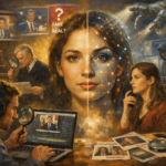 Oil painting illustrating deepfakes and online trust with a person analyzing digital video while faces split between real and artificial, symbolizing AI-generated misinformation