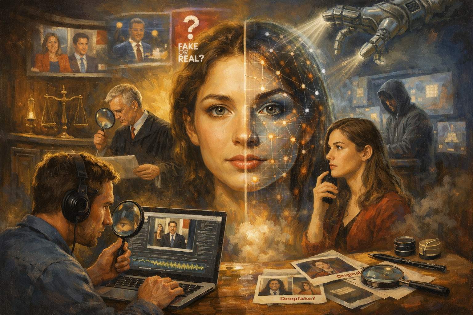 Oil painting illustrating deepfakes and online trust with a person analyzing digital video while faces split between real and artificial, symbolizing AI-generated misinformation