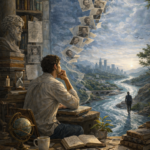 Renaissance style oil painting of a modern man reflecting by a desk while a river flows toward a city, symbolizing Gilles Deleuze's philosophy of becoming and the idea that identity constantly changes over time