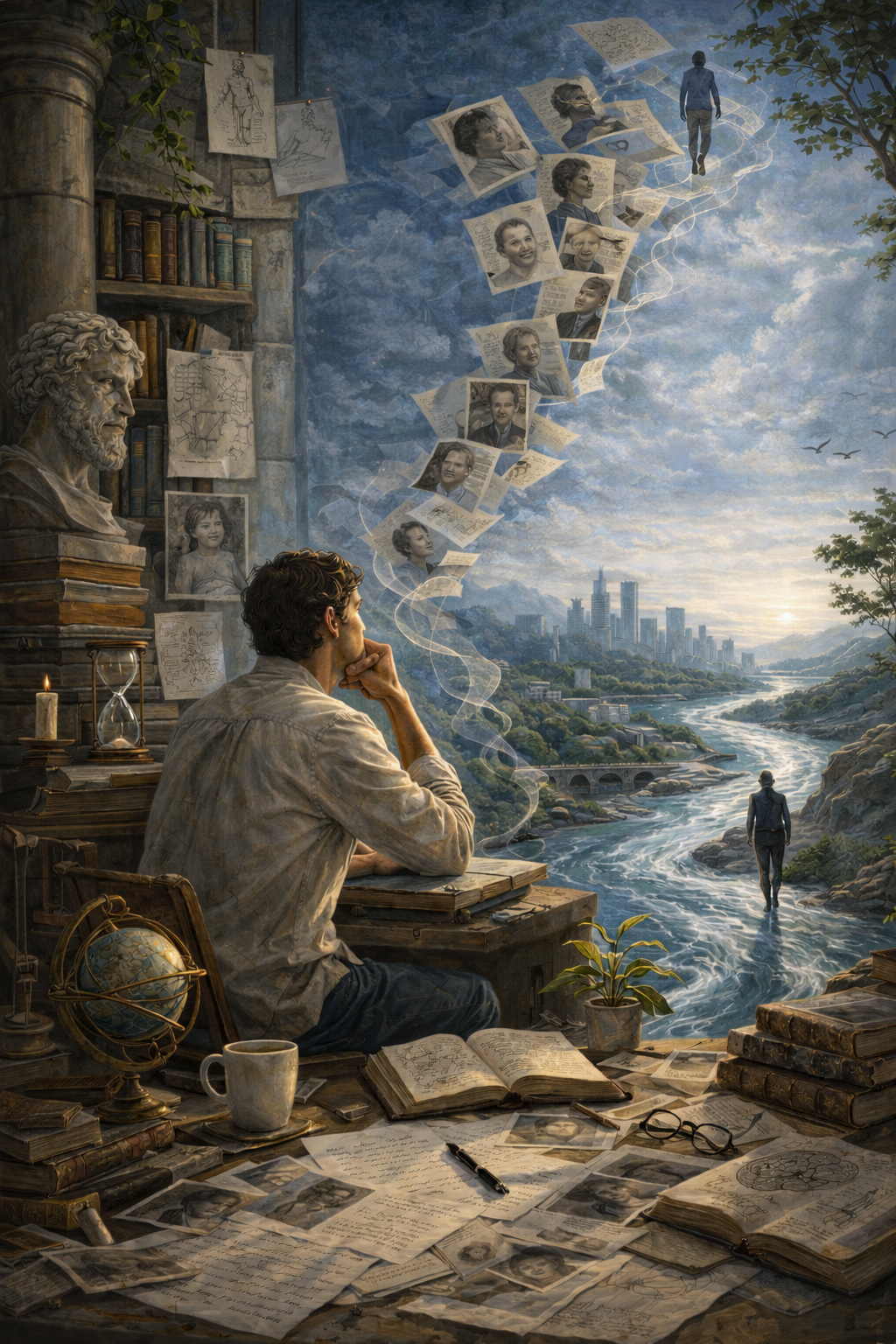 Renaissance style oil painting of a modern man reflecting by a desk while a river flows toward a city, symbolizing Gilles Deleuze's philosophy of becoming and the idea that identity constantly changes over time