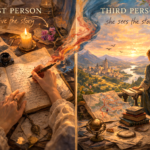 Illustration comparing first person vs third person point of view in storytelling using a split scene of lived experience and reflective observation.
