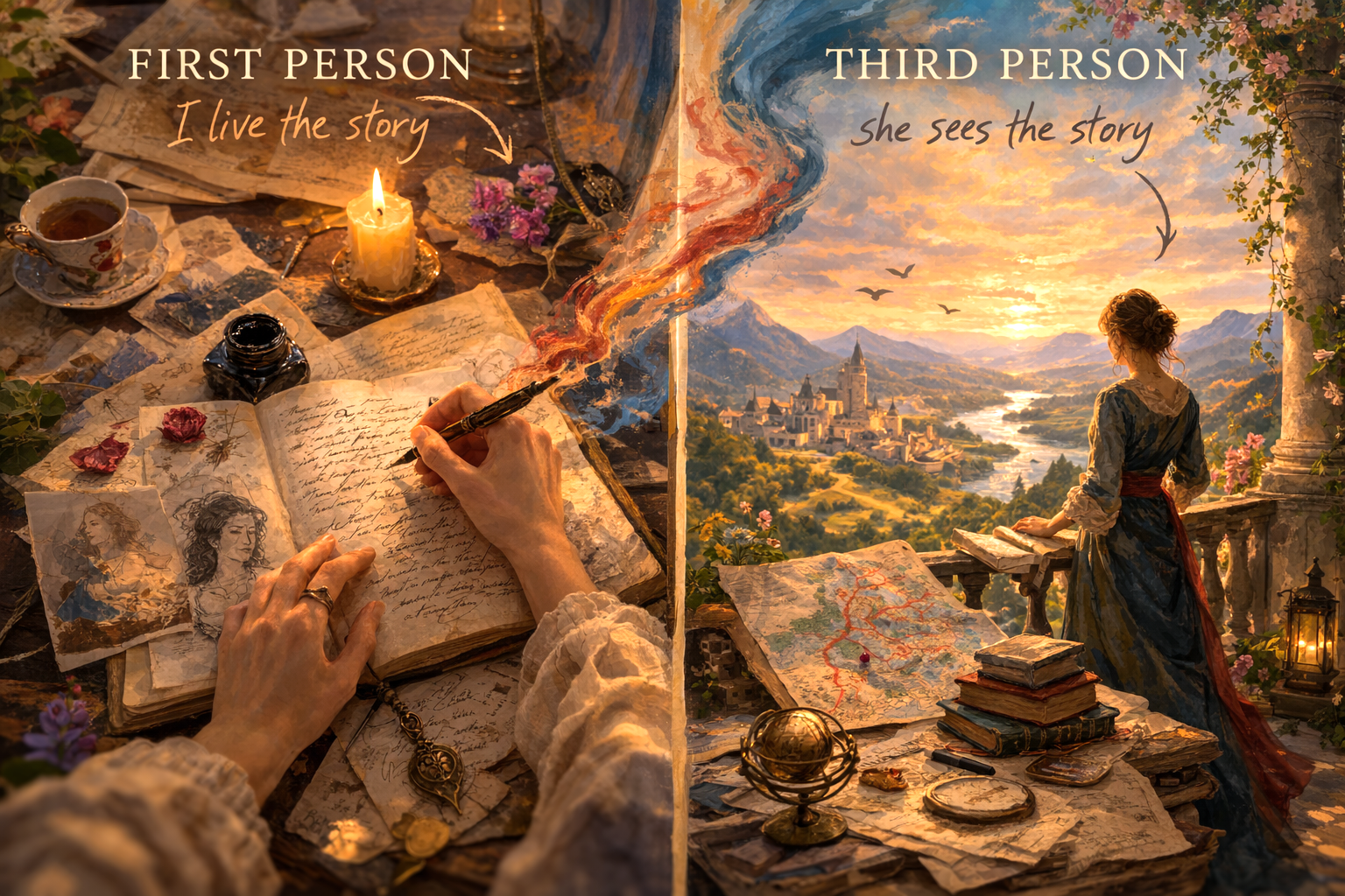 Illustration comparing first person vs third person point of view in storytelling using a split scene of lived experience and reflective observation.