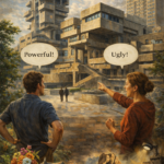 Oil painting of brutalist architecture with massive concrete buildings as two people debate whether the structures are beautiful or ugly, symbolizing divided opinions on modern architecture