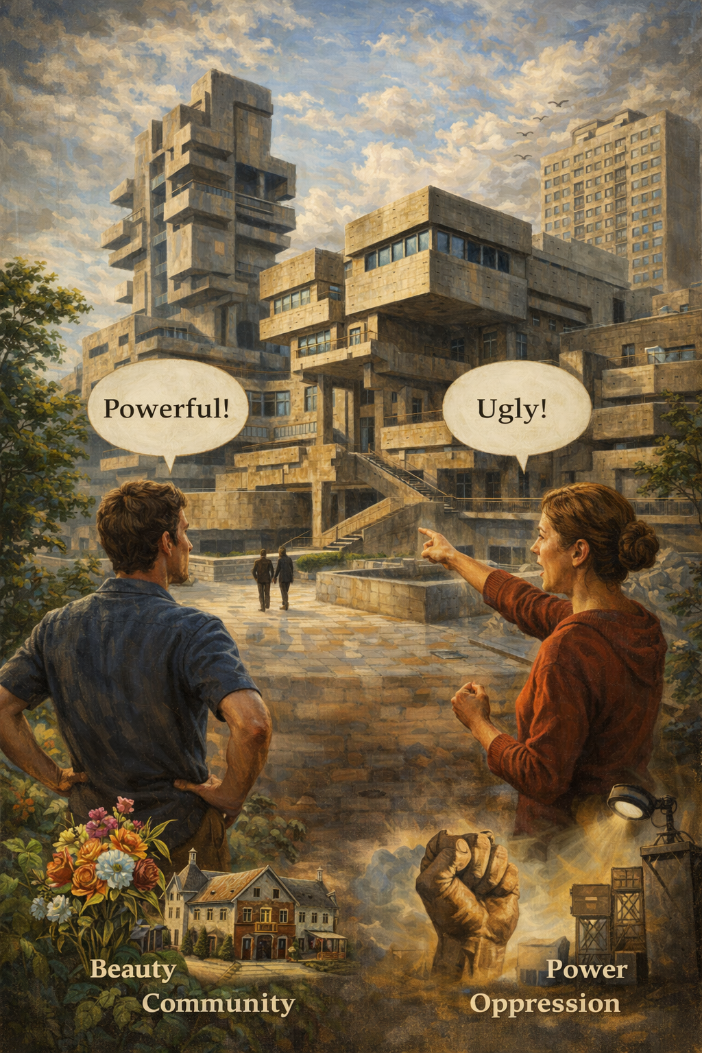 Oil painting of brutalist architecture with massive concrete buildings as two people debate whether the structures are beautiful or ugly, symbolizing divided opinions on modern architecture