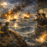 Oil painting of the 1904 Dogger Bank incident showing naval ships firing at fishing boats at night, illustrating confusion and misperception in a historical conflict