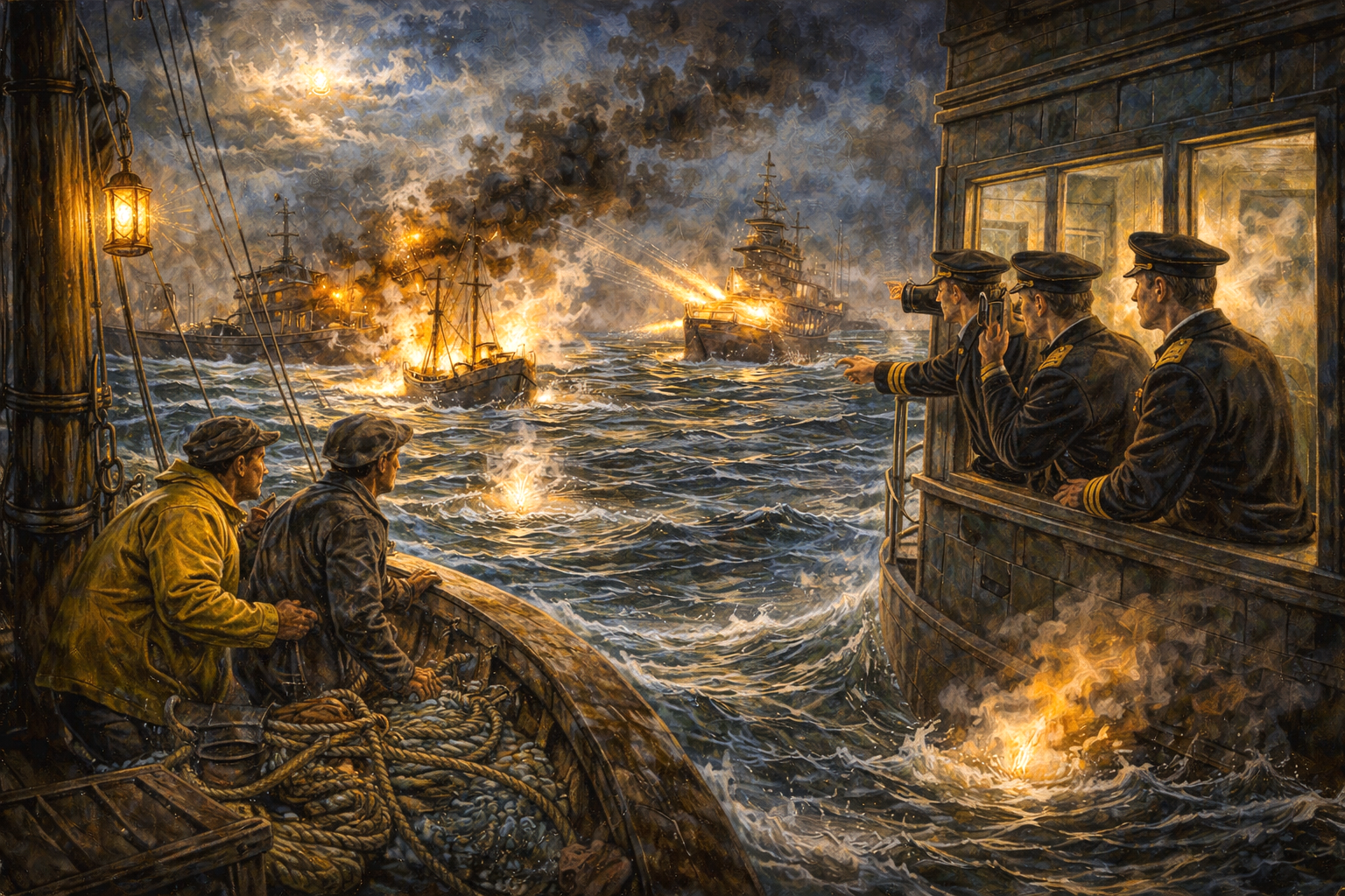Oil painting of the 1904 Dogger Bank incident showing naval ships firing at fishing boats at night, illustrating confusion and misperception in a historical conflict