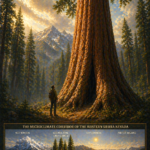 Classical oil painting of a giant sequoia tree in the Sierra Nevada with a person standing at its base, illustrating scale and the unique microclimate where sequoias grow