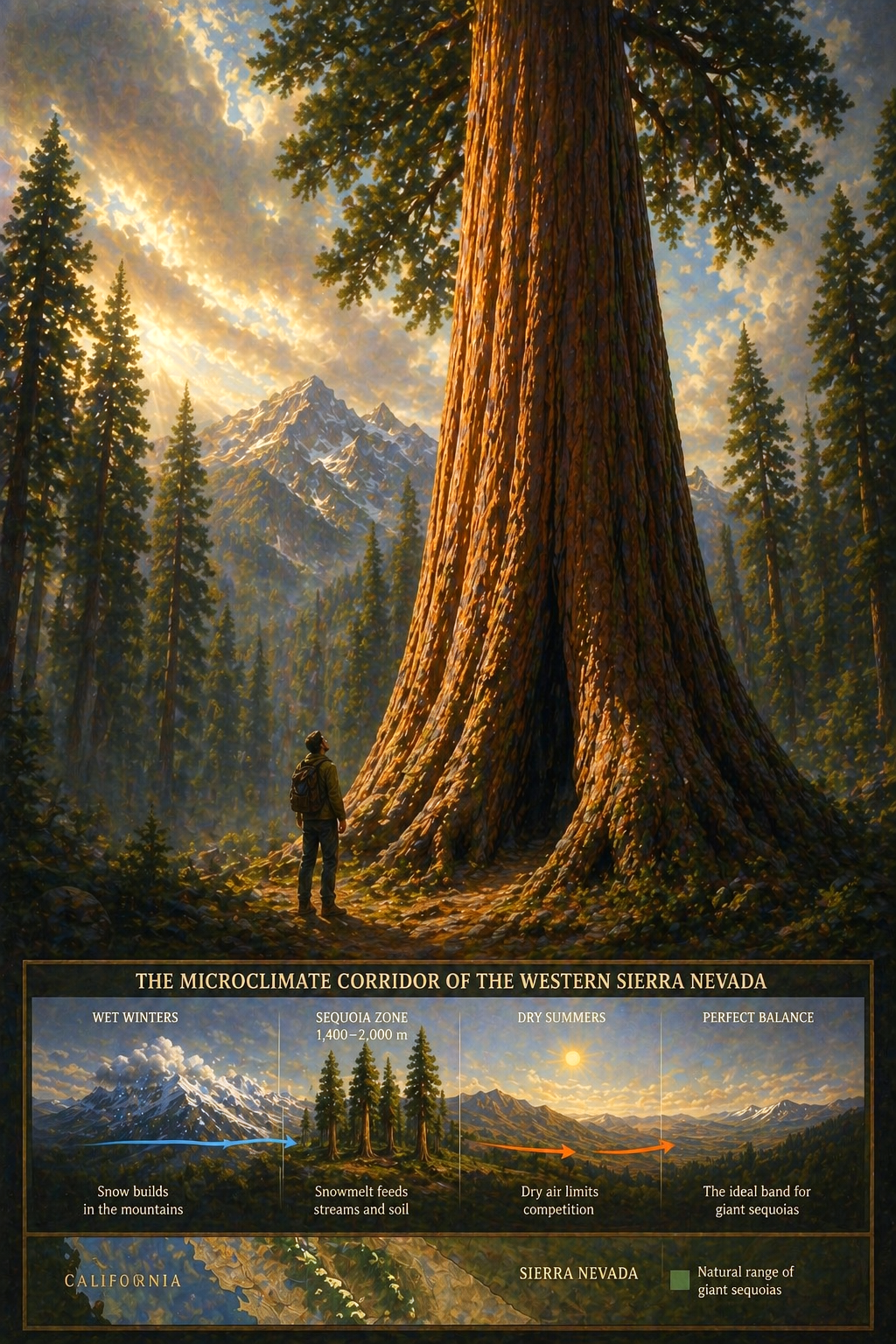 Classical oil painting of a giant sequoia tree in the Sierra Nevada with a person standing at its base, illustrating scale and the unique microclimate where sequoias grow
