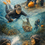 Classical oil painting of Haenyeo women divers from Jeju Island free diving underwater and gathering sea life, representing resilience, ecological wisdom, and a deep connection with the sea.