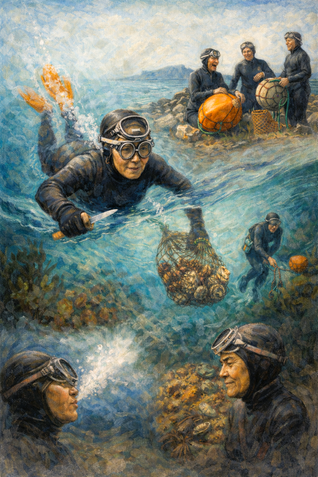 Classical oil painting of Haenyeo women divers from Jeju Island free diving underwater and gathering sea life, representing resilience, ecological wisdom, and a deep connection with the sea.