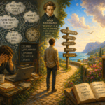 Classical oil painting of a man standing between overthinking and a leap of faith, symbolizing decision making, anxiety, and Kierkegaard’s philosophy