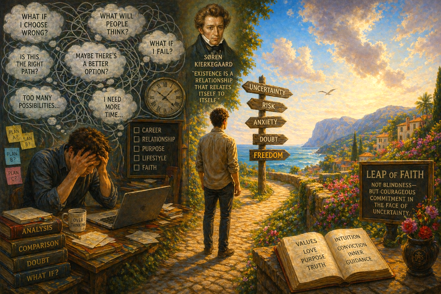 Classical oil painting of a man standing between overthinking and a leap of faith, symbolizing decision making, anxiety, and Kierkegaard’s philosophy