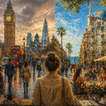 Oil painting comparing London and Barcelona showing a woman observing two contrasting city lifestyles, one rainy and fast-paced, the other sunny and social