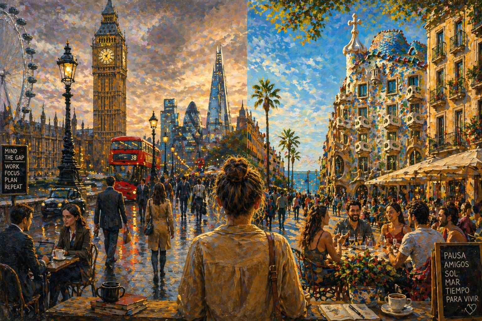 Oil painting comparing London and Barcelona showing a woman observing two contrasting city lifestyles, one rainy and fast-paced, the other sunny and social