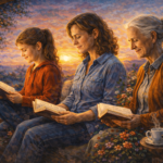 Oil painting of a woman at different ages reading the same book in nature, symbolizing how meaning changes as we grow older