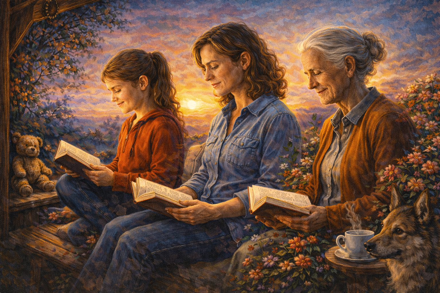 Oil painting of a woman at different ages reading the same book in nature, symbolizing how meaning changes as we grow older