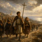 Renaissance-style oil painting depicting the Children’s Crusade with medieval youths and poor pilgrims journeying toward the sea under dramatic skies