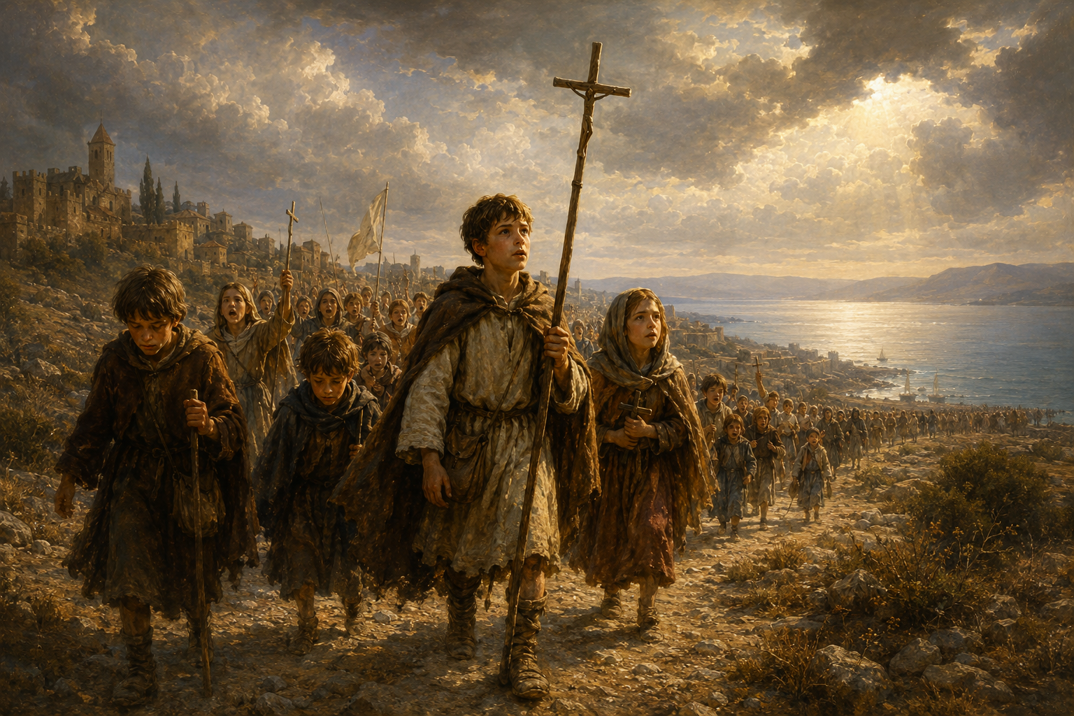 Renaissance-style oil painting depicting the Children’s Crusade with medieval youths and poor pilgrims journeying toward the sea under dramatic skies