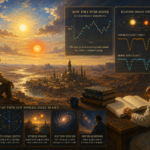 Oil painting style infographic showing twin-sun circumbinary planets, astronomical charts, and an alien world inspired by newly discovered Tatooine-like exoplanets