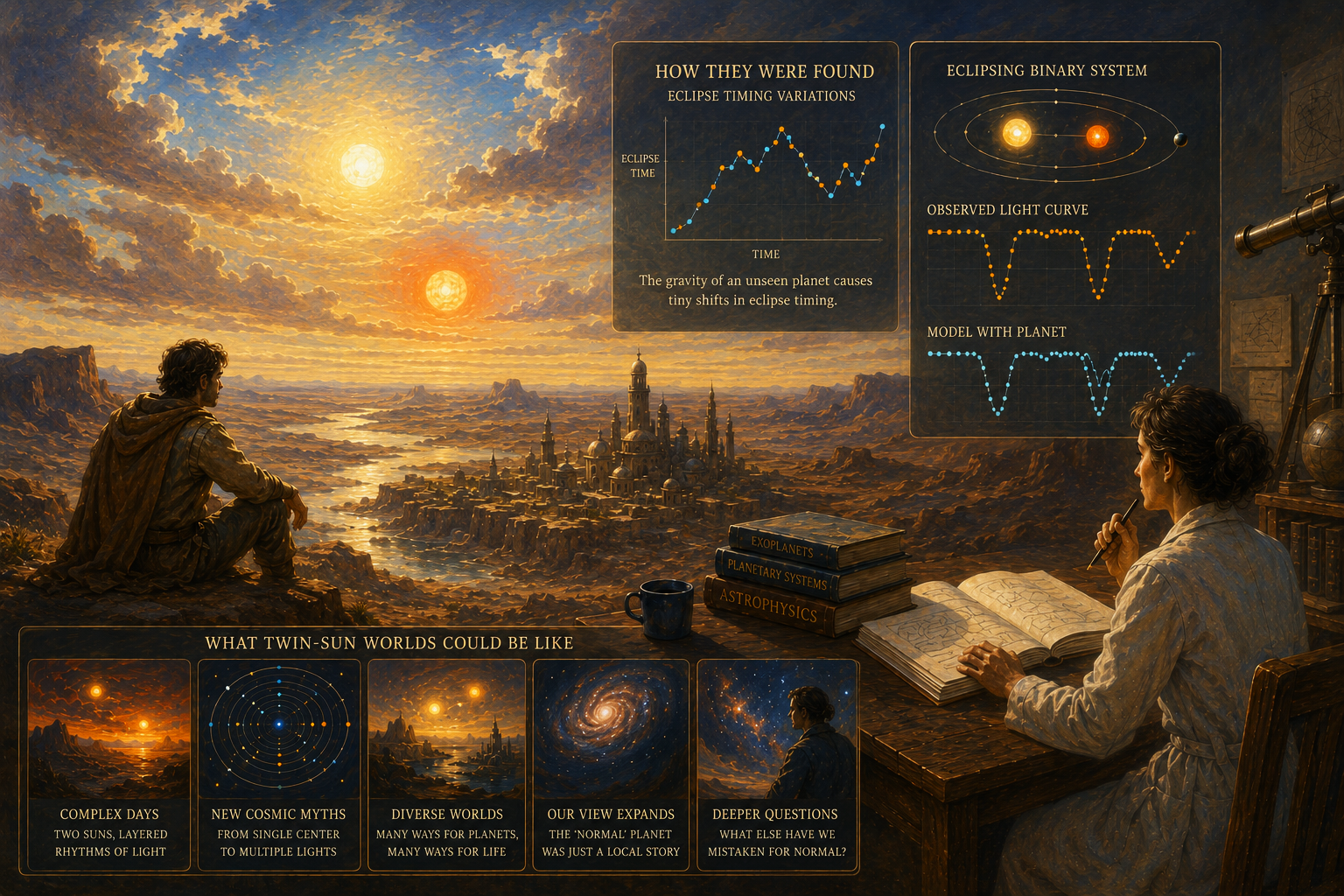 Oil painting style infographic showing twin-sun circumbinary planets, astronomical charts, and an alien world inspired by newly discovered Tatooine-like exoplanets