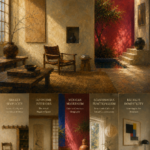 Classical oil painting collage showing five lesser known interior design movements including Shaker simplicity, Japonisme, Mexican modernism, Scandinavian functionalism, and Bauhaus domesticity