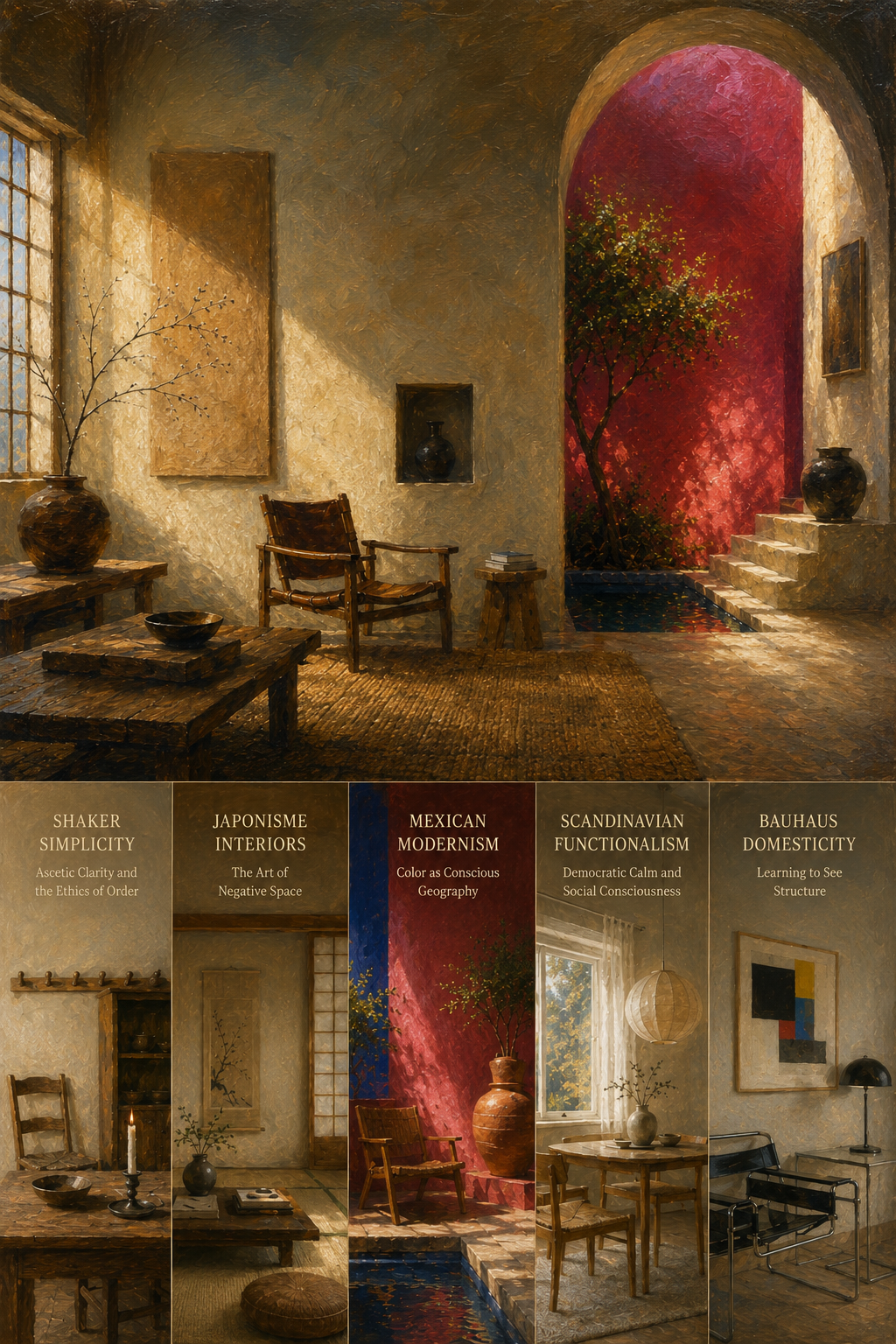 Classical oil painting collage showing five lesser known interior design movements including Shaker simplicity, Japonisme, Mexican modernism, Scandinavian functionalism, and Bauhaus domesticity