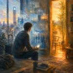 Oil painting of a person between a digital city and a warm doorway, representing Heidegger’s uncanny feeling of not being at home in modern life.