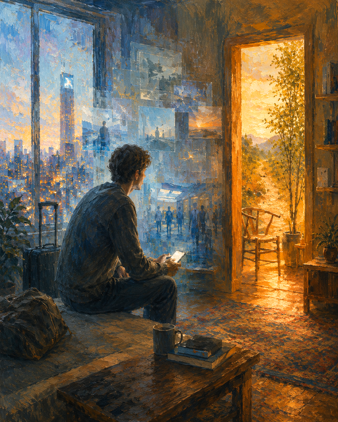 Oil painting of a person between a digital city and a warm doorway, representing Heidegger’s uncanny feeling of not being at home in modern life.