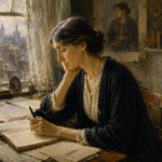 Classical oil painting of Virginia Woolf writing in her diary beside a window in a Bloomsbury-era study filled with books and manuscripts