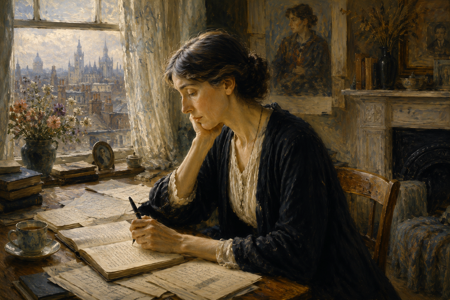 Classical oil painting of Virginia Woolf writing in her diary beside a window in a Bloomsbury-era study filled with books and manuscripts