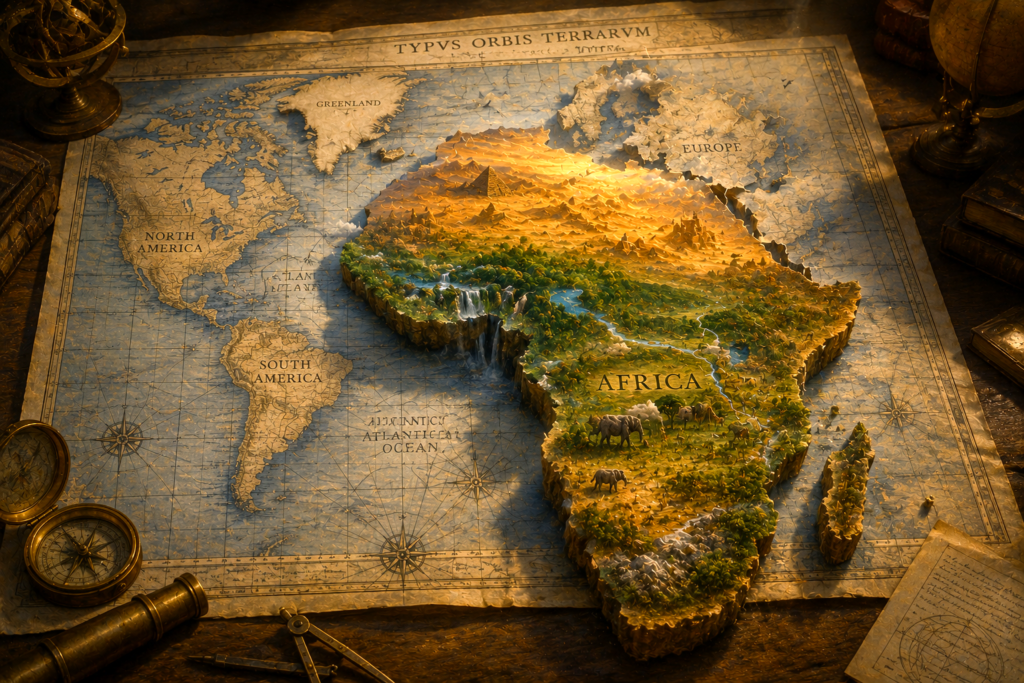 Antique world map showing Africa dramatically rising out of the map in three dimensions while Europe and Greenland remain flat, symbolizing the distortion of Africa's true size on traditional world maps.