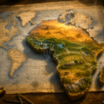 Antique world map showing Africa dramatically rising out of the map in three dimensions while Europe and Greenland remain flat, symbolizing the distortion of Africa's true size on traditional world maps.