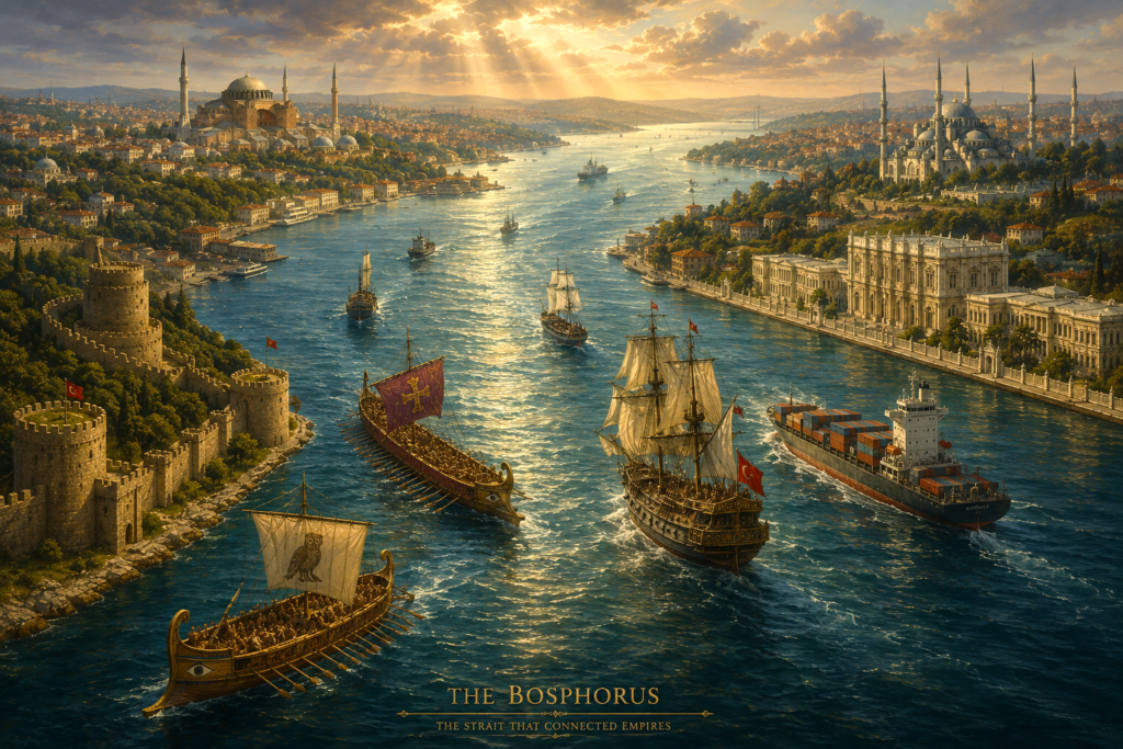 Classical oil painting of the Bosphorus Strait in Istanbul showing Greek, Byzantine, Ottoman, and modern ships sailing through a historic waterway connecting Europe and Asia.