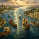 Classical oil painting of the Bosphorus Strait in Istanbul showing Greek, Byzantine, Ottoman, and modern ships sailing through a historic waterway connecting Europe and Asia.