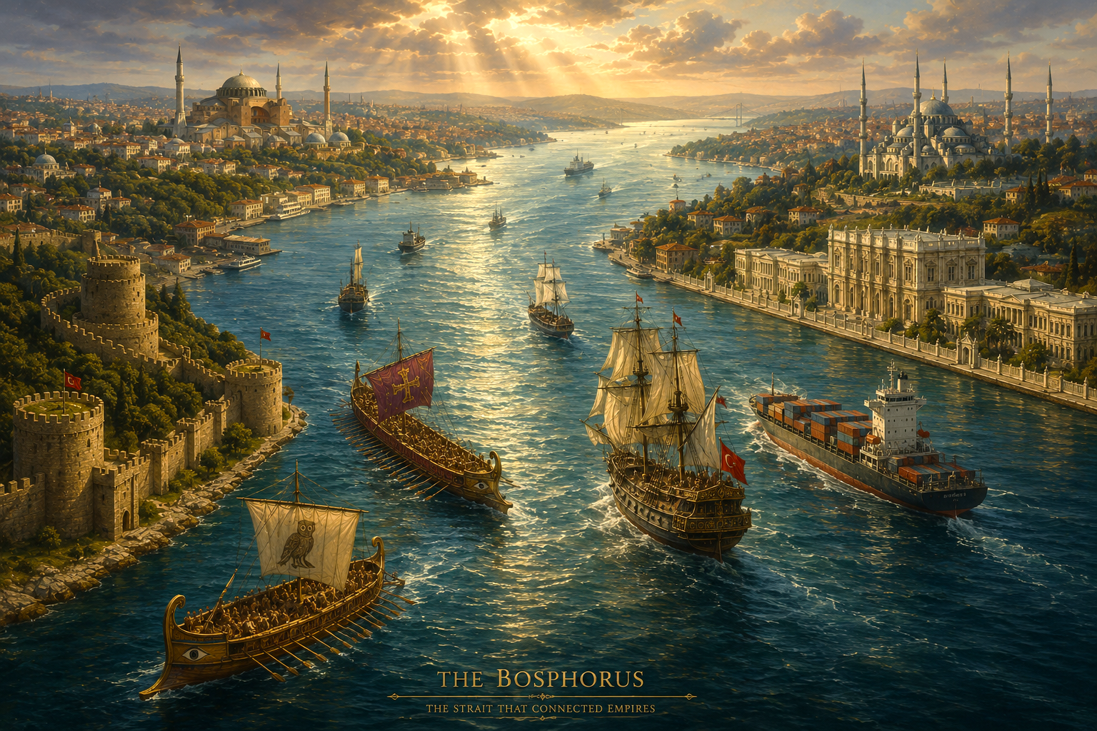 Classical oil painting of the Bosphorus Strait in Istanbul showing Greek, Byzantine, Ottoman, and modern ships sailing through a historic waterway connecting Europe and Asia.