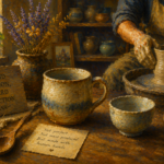 Classical oil painting of a ceramic artisan shaping pottery by hand in a warm workshop surrounded by handcrafted mugs, bowls, and wooden tools, exploring authenticity, craftsmanship, and the human presence behind handmade objects.