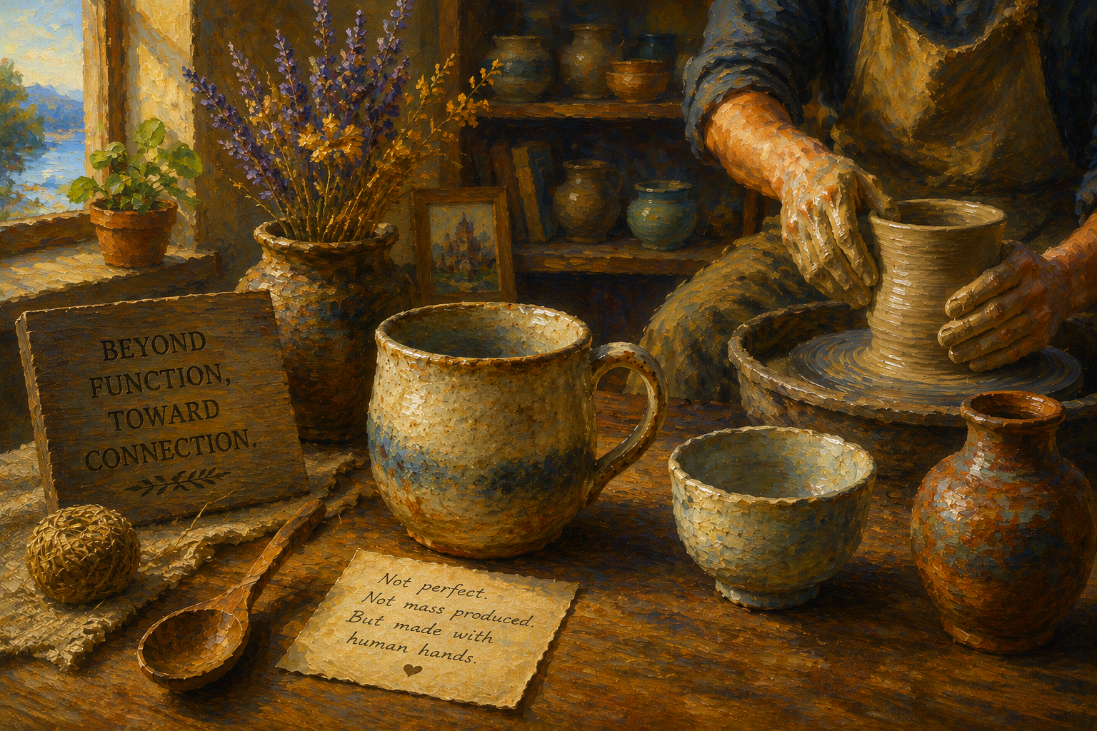 Classical oil painting of a ceramic artisan shaping pottery by hand in a warm workshop surrounded by handcrafted mugs, bowls, and wooden tools, exploring authenticity, craftsmanship, and the human presence behind handmade objects.
