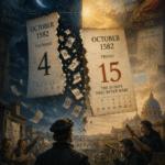 Surreal oil painting illustrating the Gregorian calendar reform of 1582, showing October 4 changing directly to October 15 as the missing ten days disappear between Julius Caesar and Pope Gregory XIII beneath celestial astronomical imagery.