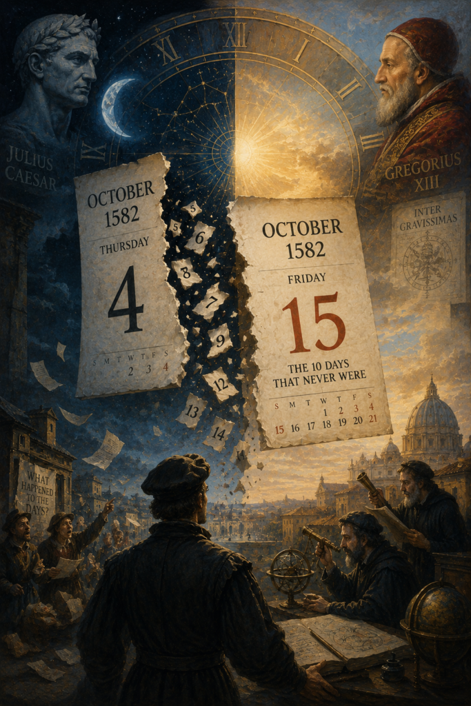 Surreal oil painting illustrating the Gregorian calendar reform of 1582, showing October 4 changing directly to October 15 as the missing ten days disappear between Julius Caesar and Pope Gregory XIII beneath celestial astronomical imagery.