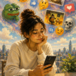 Oil painting of a young woman looking at her smartphone while ironic memes, emojis, and internet symbols swirl around her, representing hyper-irony, digital culture, and modern online humor.