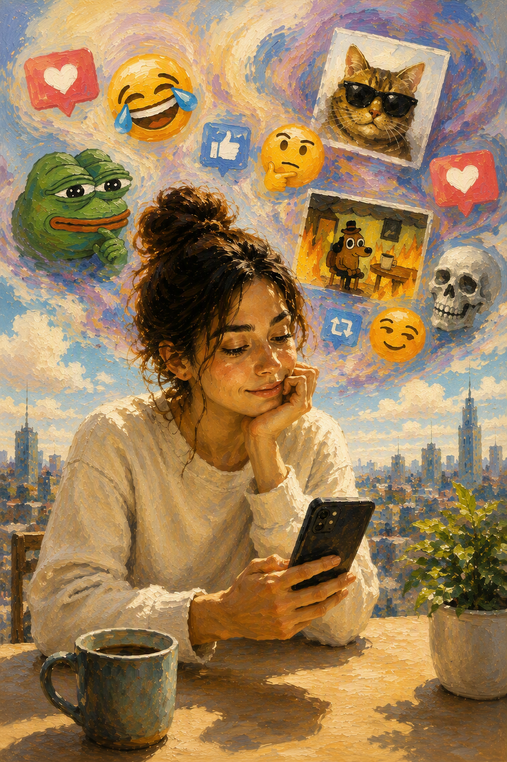 Oil painting of a young woman looking at her smartphone while ironic memes, emojis, and internet symbols swirl around her, representing hyper-irony, digital culture, and modern online humor.