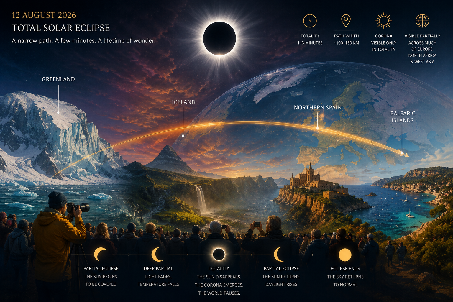 2026 total solar eclipse over Greenland, Iceland, northern Spain and the Balearic Islands, illustrating the path of totality and the Sun’s corona on 12 August 2026.