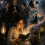 19th-century woman absorbed in a novel as imagined scenes emerge from its pages while stern figures watch behind her, illustrating reading fever and the moral panic over fiction.