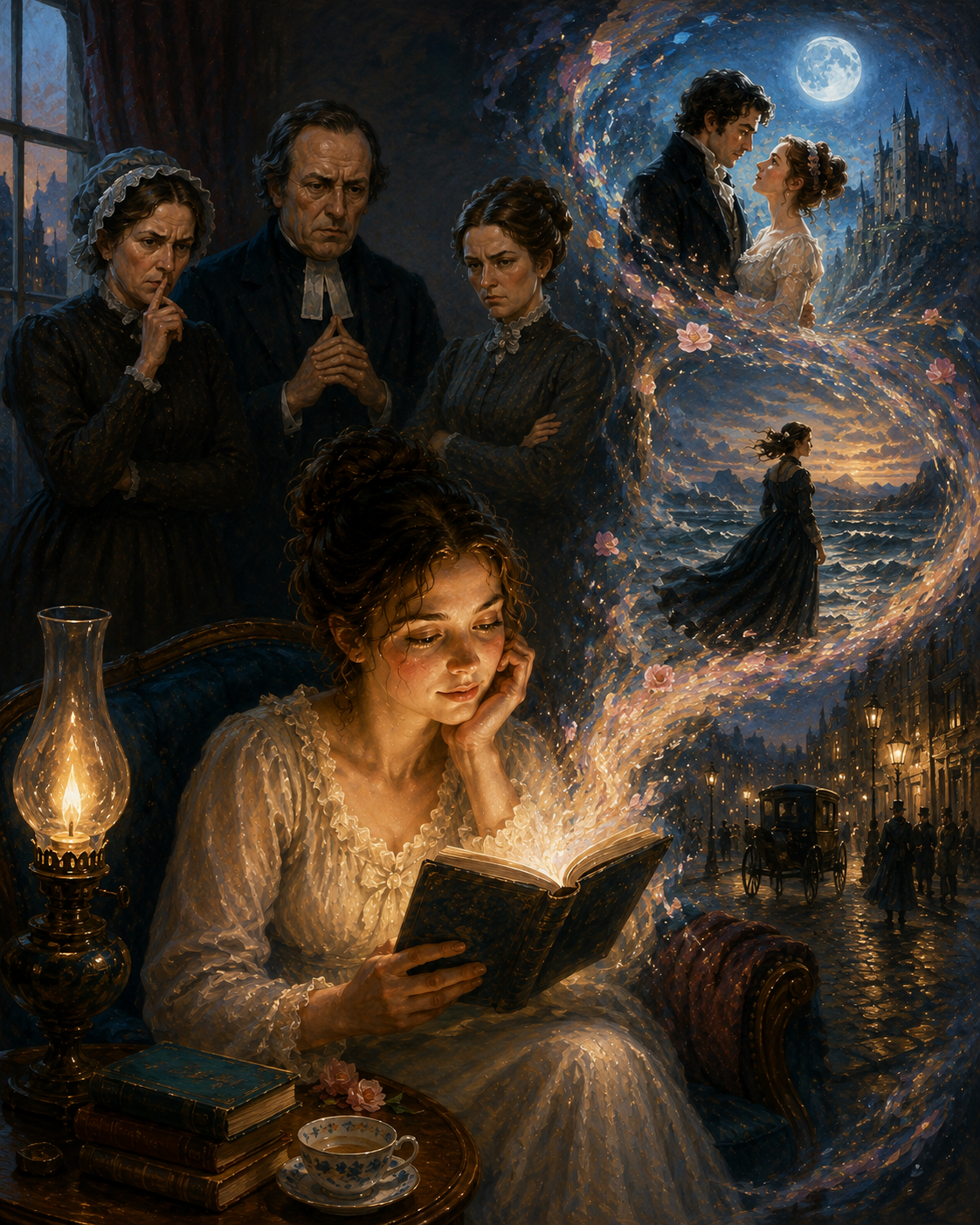 19th-century woman absorbed in a novel as imagined scenes emerge from its pages while stern figures watch behind her, illustrating reading fever and the moral panic over fiction.