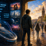Oil painting illustrating Robert Nozick’s Experience Machine, contrasting a simulated life of perfect pleasure with the imperfect reality of everyday human life.