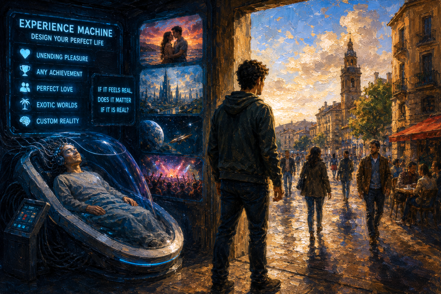Oil painting illustrating Robert Nozick’s Experience Machine, contrasting a simulated life of perfect pleasure with the imperfect reality of everyday human life.